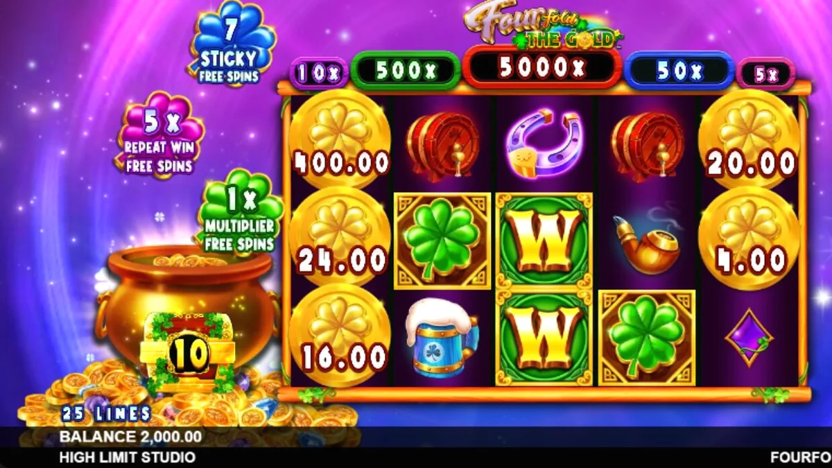 Interface do jogo Fourfold the Gold com tema espacial e irlandês