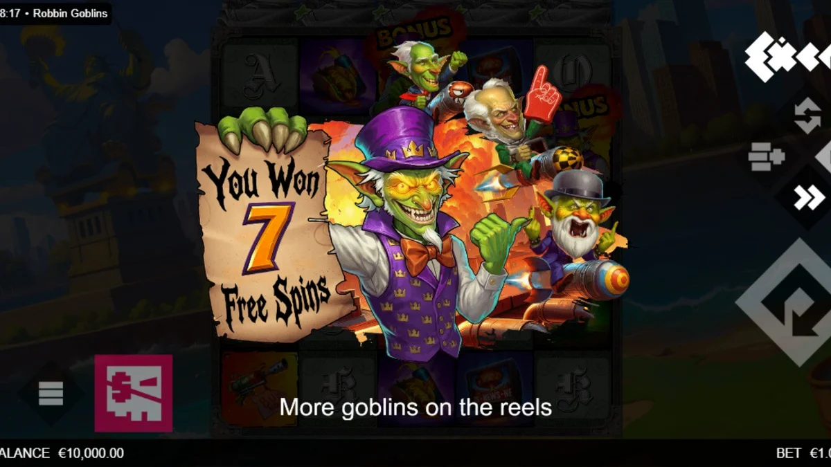 Cena de caos e explosões no slot Robbin’ Goblins com criaturas verdes
