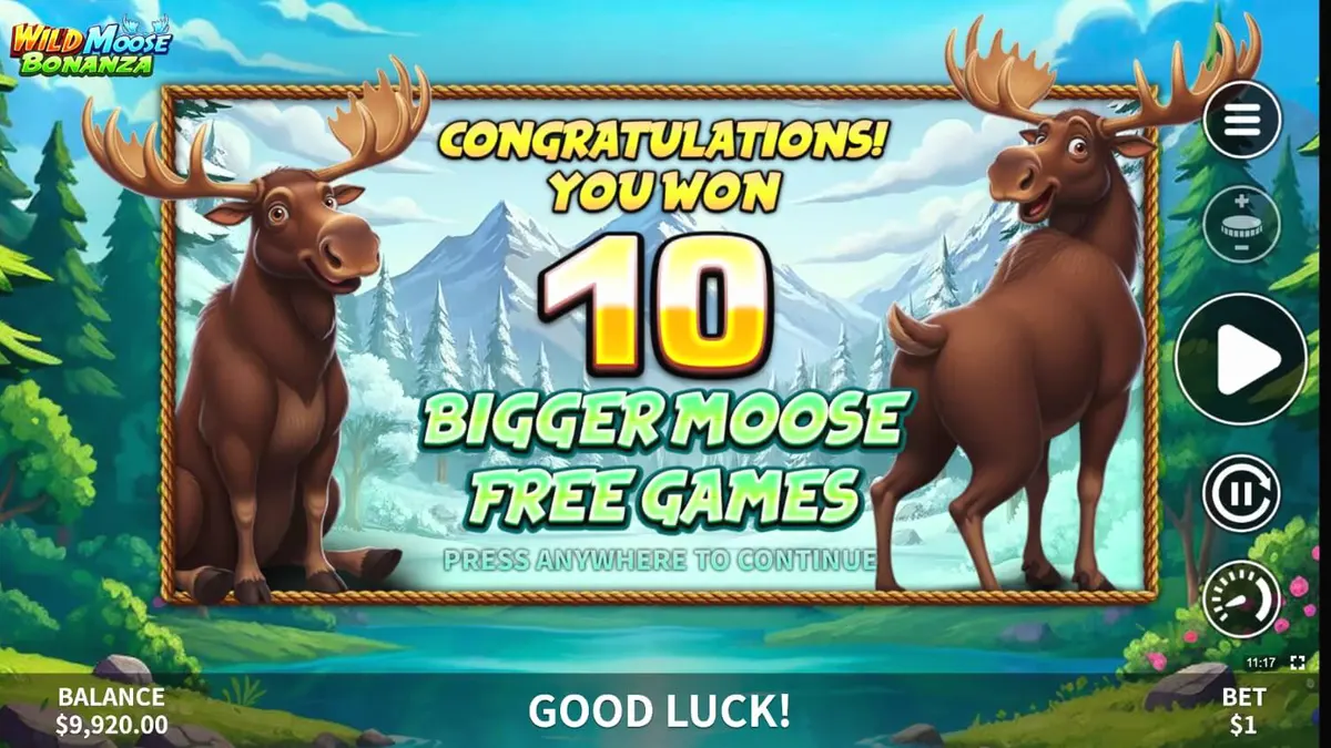 Interface do jogo Wild Moose Bonanza com temática de floresta e vida selvagem